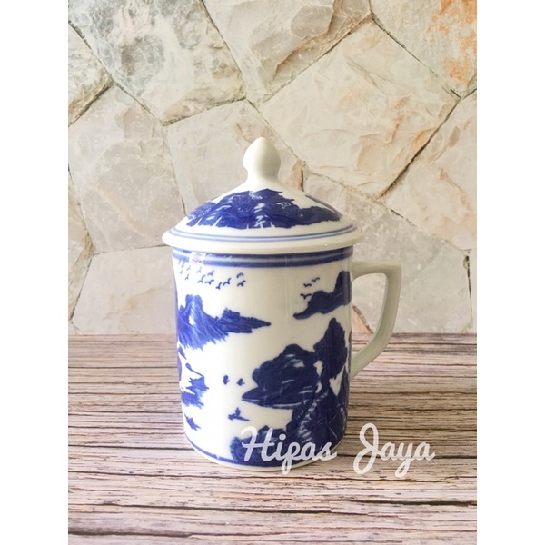 Jual Mug/Gelas Cantik Dengan Tutup Keramik Biru Putih Import Ukuran D ...