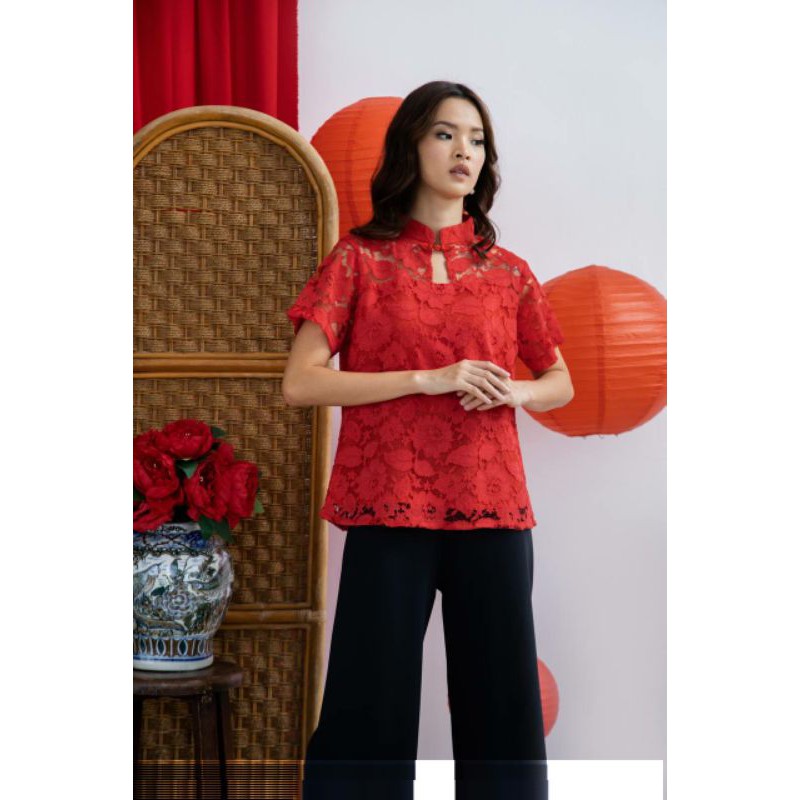 Qi Bao top atasan cheongsam baju cheongsam atasan merah wanita