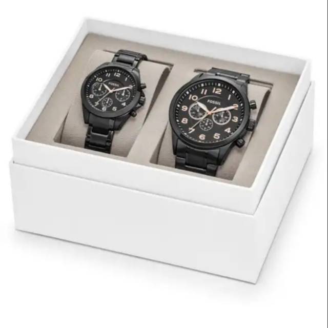 JAM TANGAN COUPLE FOSSIL ORIGINAL BQ2278SET BQ 2278 SET HIS AND HER CHRONOGRAPH BLACK STAINLES STEEL