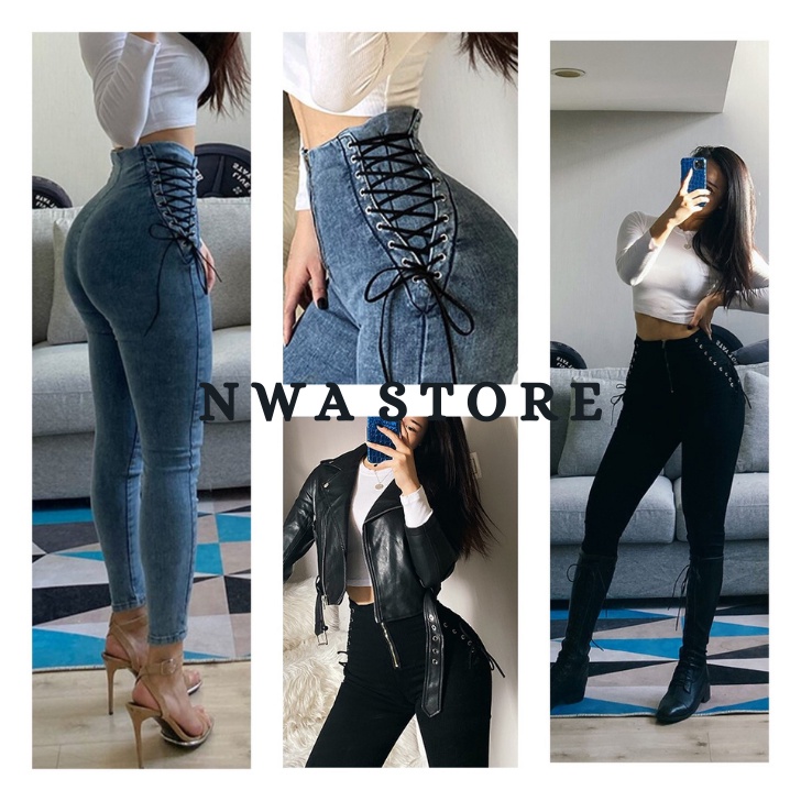 Jual Celana Jeans High Waist Wanita Kancing Tali Korean Style Shopee Indonesia