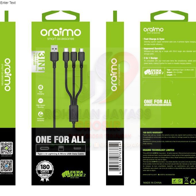 Jual ORAIMO KABEL DATA 3IN1 FAST CHARGING DATA CABLE CHARGER OCDX92