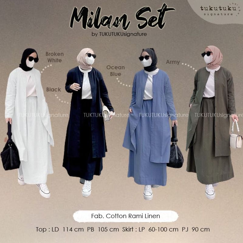 Jual Milan One Set Setelan Tunik Rok Polos Putih Hitam Katun Rami Linen