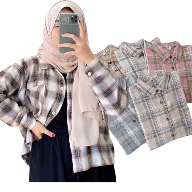 Jual kemeja flanel pria/wanita ootd flanel kotak unisek kemeja flanel