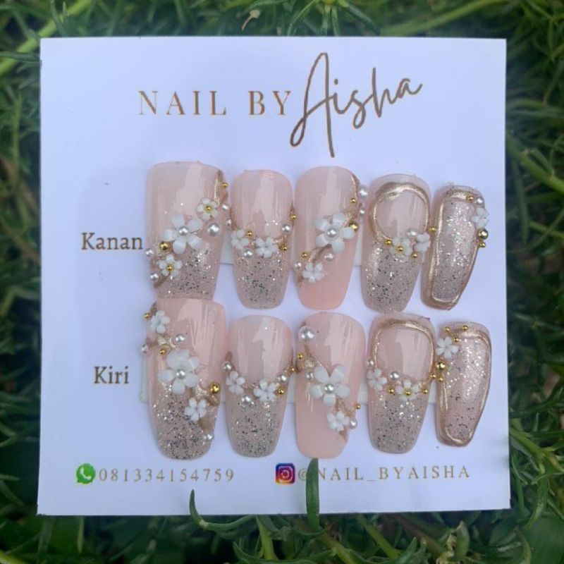 Jual nail by aisha wedding nail art floral natural pink custom