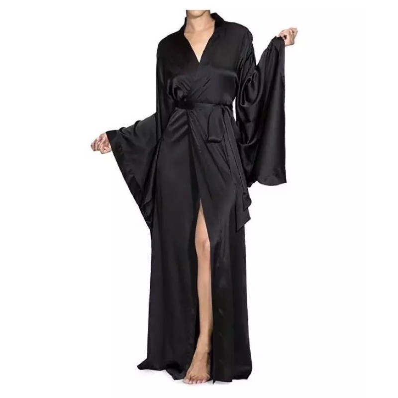 Jual kimono wedding robes satin batwing model kelelawar long hitam ...