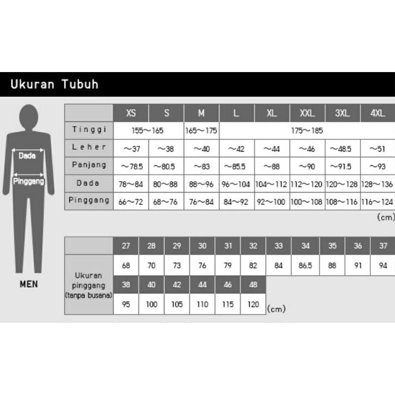 Size charts untuk atasan uniqlo man