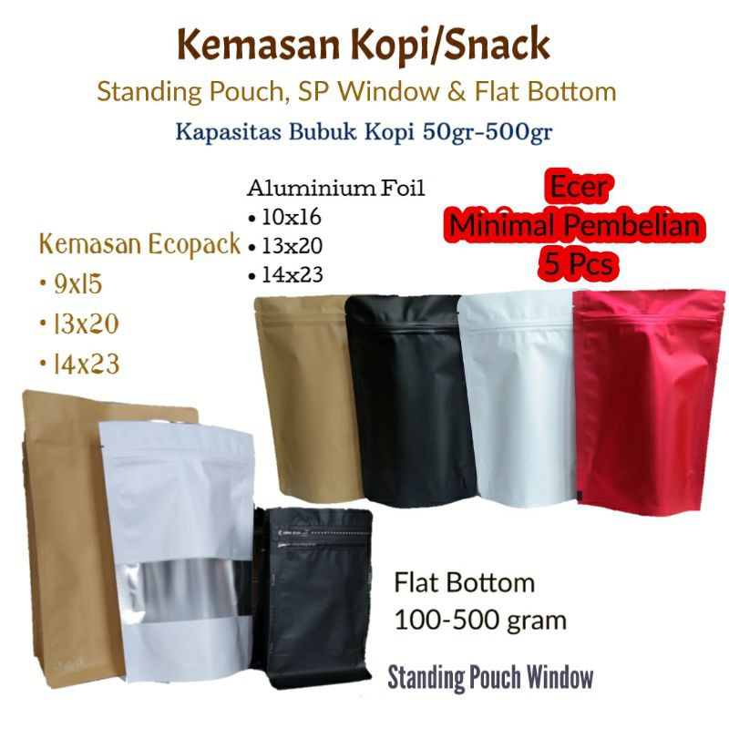 Jual Ecer Kemasan Standing Pouch Aluminium Foil X Untuk Gr Kopi Doff Flat Bottom