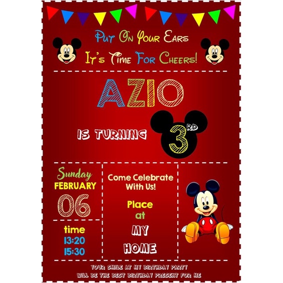 Jual Birthday Invitation / Undangan Ulang tahun Tema Mickey Mouse Red