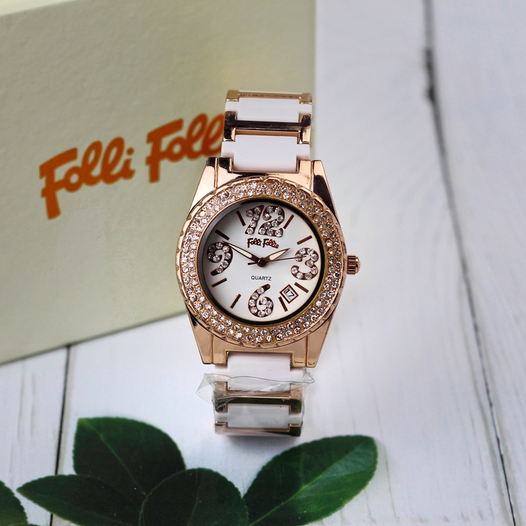 JAM TANGAN WANITA FASHION FOLLI FOLLIE SEMI CERAMIC TANGGAL AKTIF 38MM INCLUDE BOX BS COD