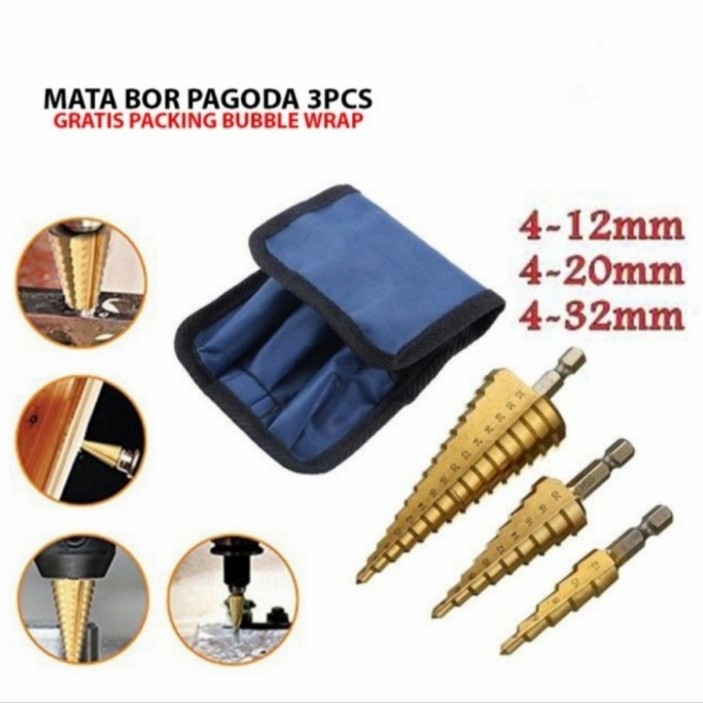 Jual Mata Bor Pagoda Besar 3pc / Step Drill Pagoda Tingkat Mata bor ...