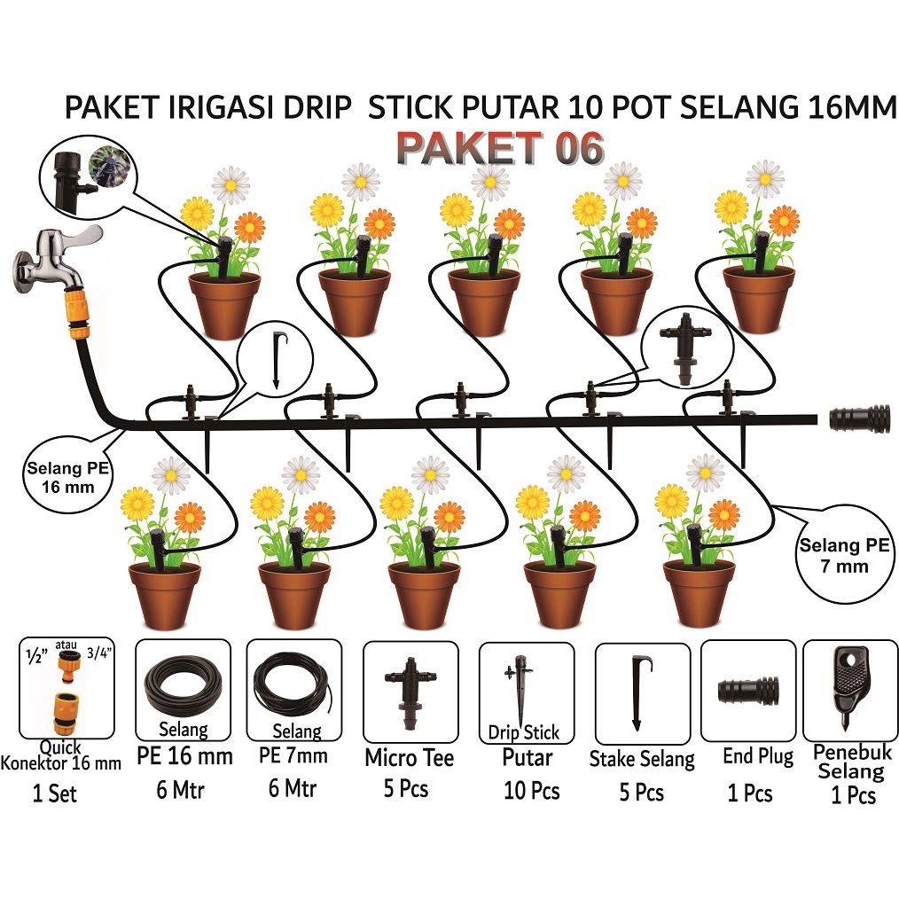 Paket Irigasi Drip Stick Putar 10 Pot Selang 16 mm / PAKET 06