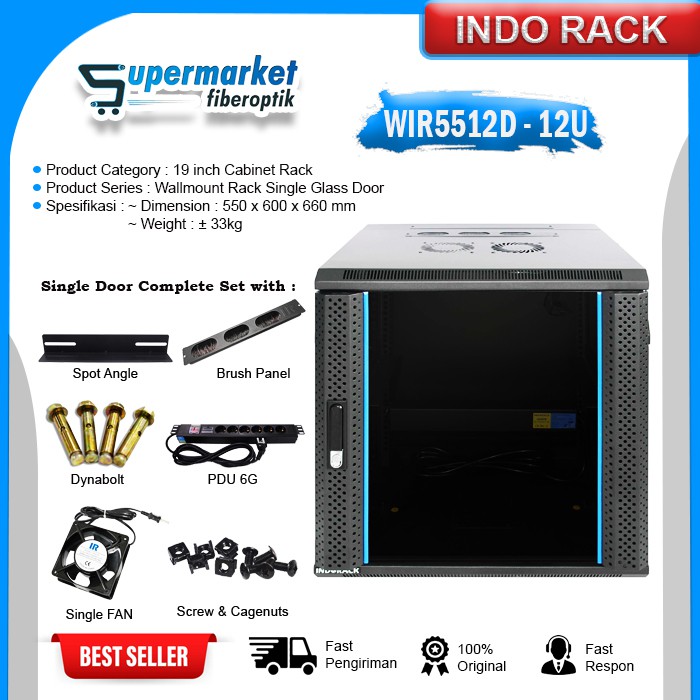 Jual INDORACK Rack Server Wallmount Rack Double Door 12U WIR5512D 550mm ...