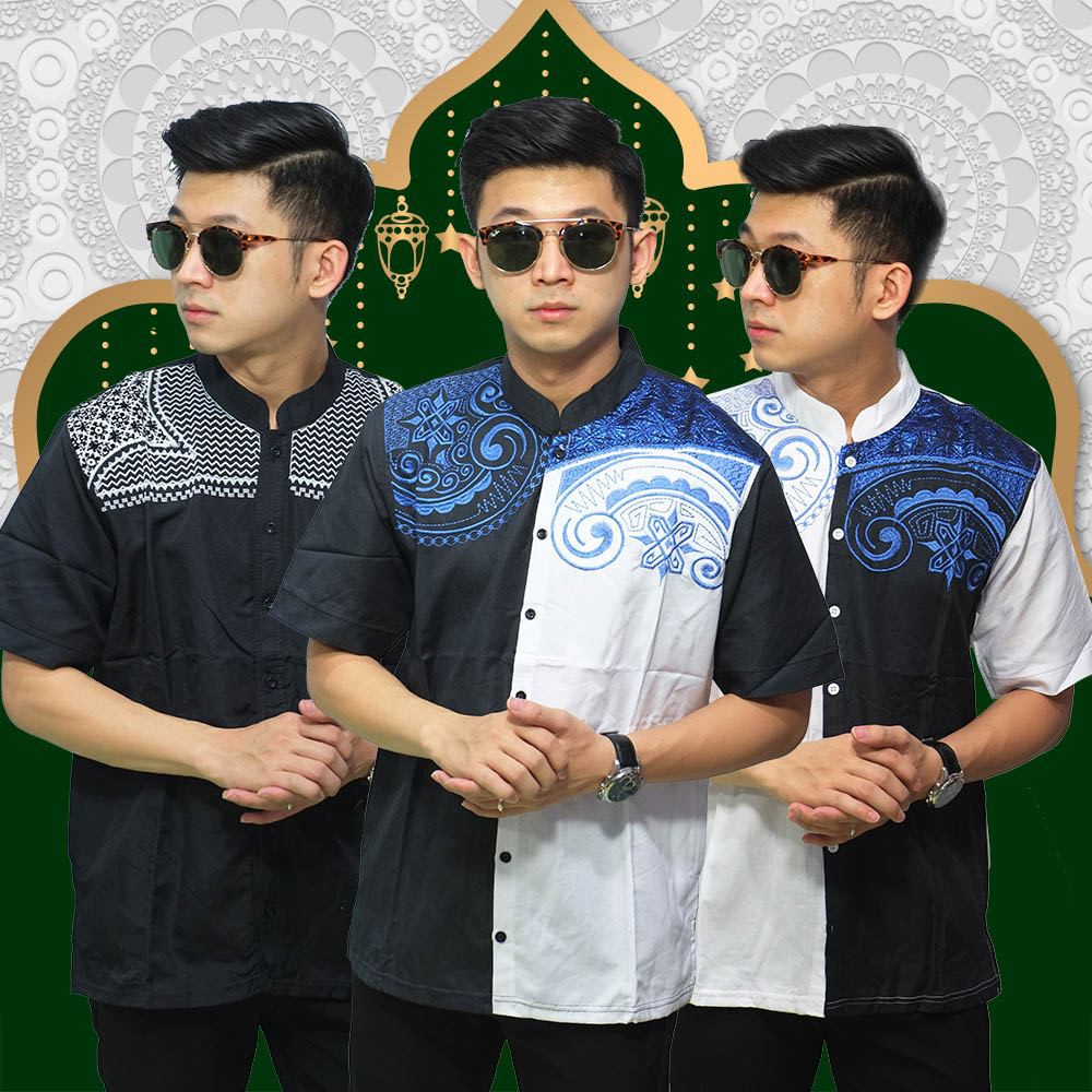 Jual Baju Koko Pendek Bordir 2 Layer HitamPakaian busana muslim pria
