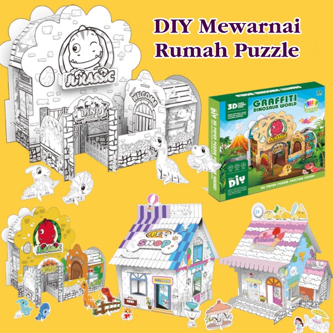 Jual [orgm] Mainan Edukasi Diy Mewarnai Puzzle Rumah Doodle Cardboard