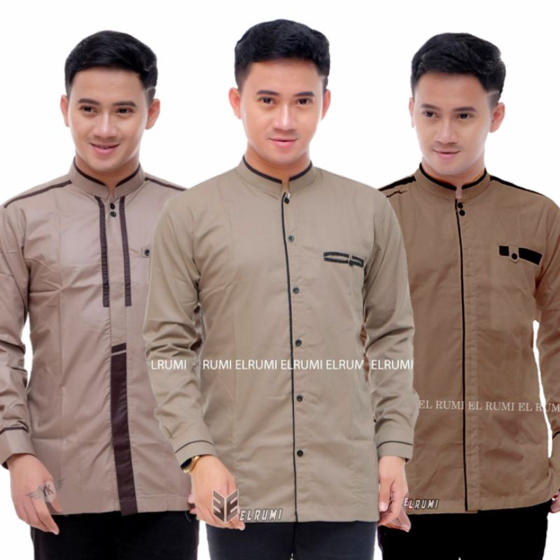 Jual Baju Koko Muslim Pria Dewasa Lengan Panjang Motif Polos Kombinasi