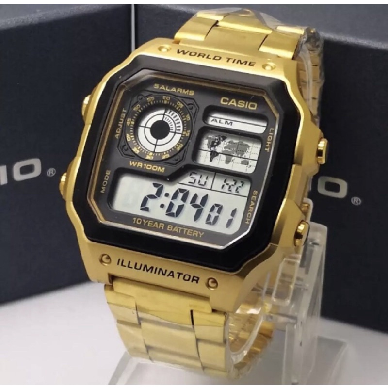 BUY GET FREE Jam Tangan CASIO AE-1200 AE1200 WHD DIGITAL RANTAI  STAINLESS ANTI AIR FREE CASIO F91-W