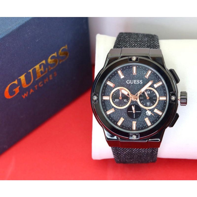 (PW)JAM TANGAN GUESS NEW COLLECTION FASHION WANITA D38mm CHRONO ON TALI  KAIN LEVIS FREE BOX KANCING