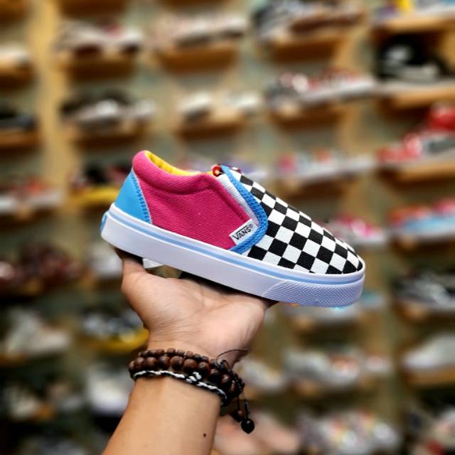 Blue yellow and pink checkerboard vans best sale