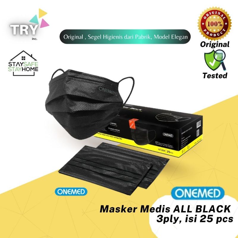 Jual Masker Onemed All Black 3 ply isi 25 pcs Masker Medis Earloop ...