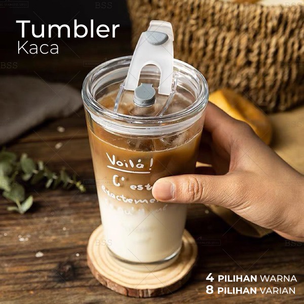 Jual Tumbler Kaca Aesthetic 450ml Gelas Minum Kopi Anti Panas Dengan Sedotan Kaca Simple Elegan 8628