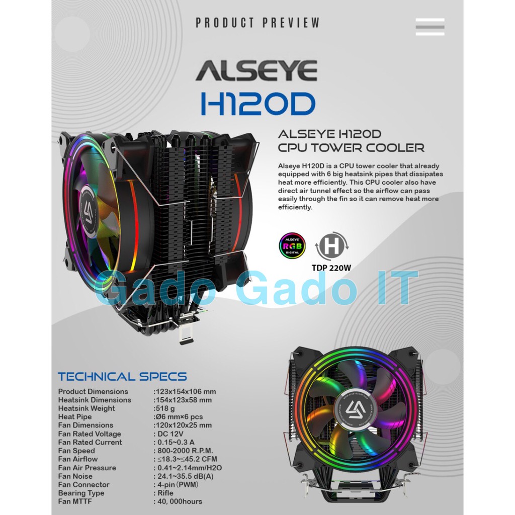Jual Kipas Heatsink Fan Processor ALSEYE H120D TOWER CPU COOLER RGB ...