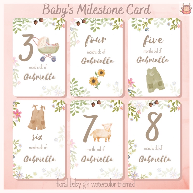 Jual Baby milestone card baby girl premium watercolor floral theme free ...
