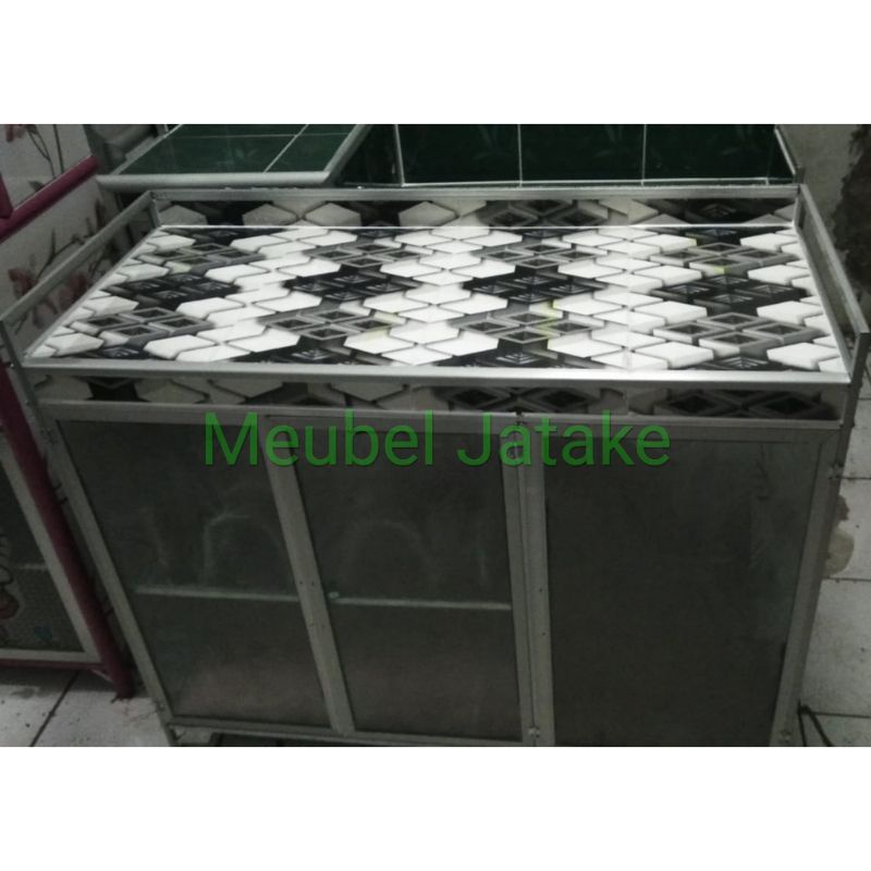 Jual Meja Kompor 3 Pintu + Rak Piring Dapur Model Rata Keramik Almunium