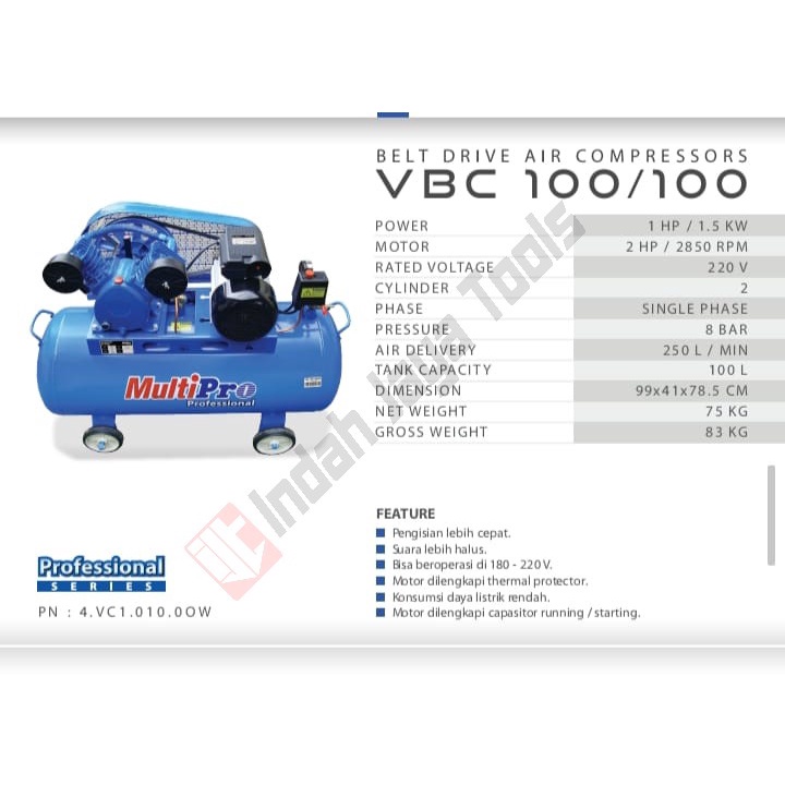 Jual MULTIPRO VBC 100/100 Mesin Kompresor Angin 2 HP 100 L Udara 1 HP ...