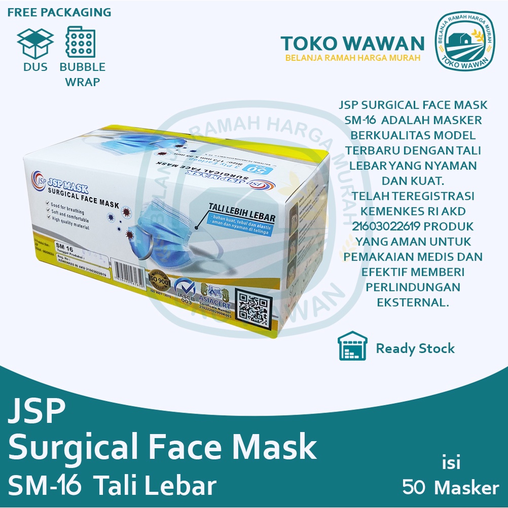 Jual Masker JSP Surgical Face Mask SM16 Earloop 3Ply / 3 PLY / Masker ...