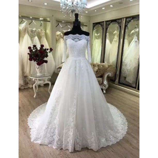 Jual Gaun Wedding Dress 2022 Elegant Off Shoulder Long Sleeve Ball Gown