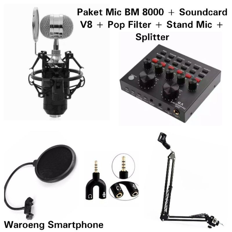 Jual Paket Home Recording Mic Condenser BM 8000 Soundcard V8 Pop Filter