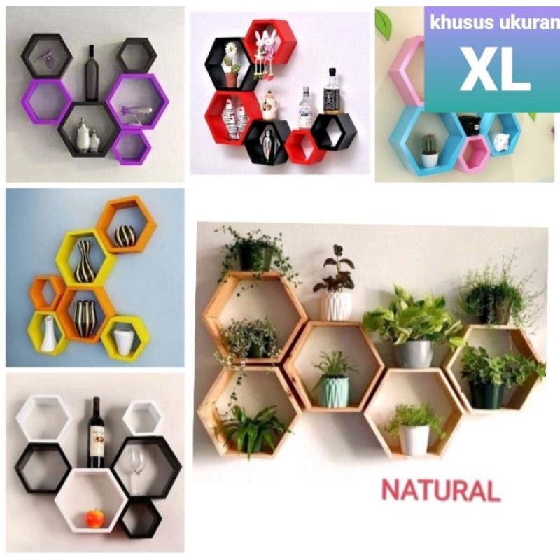 Jual Rak Dinding Hexagonal XL Premium - Kayu Jati Belanda Natural 30cm ...