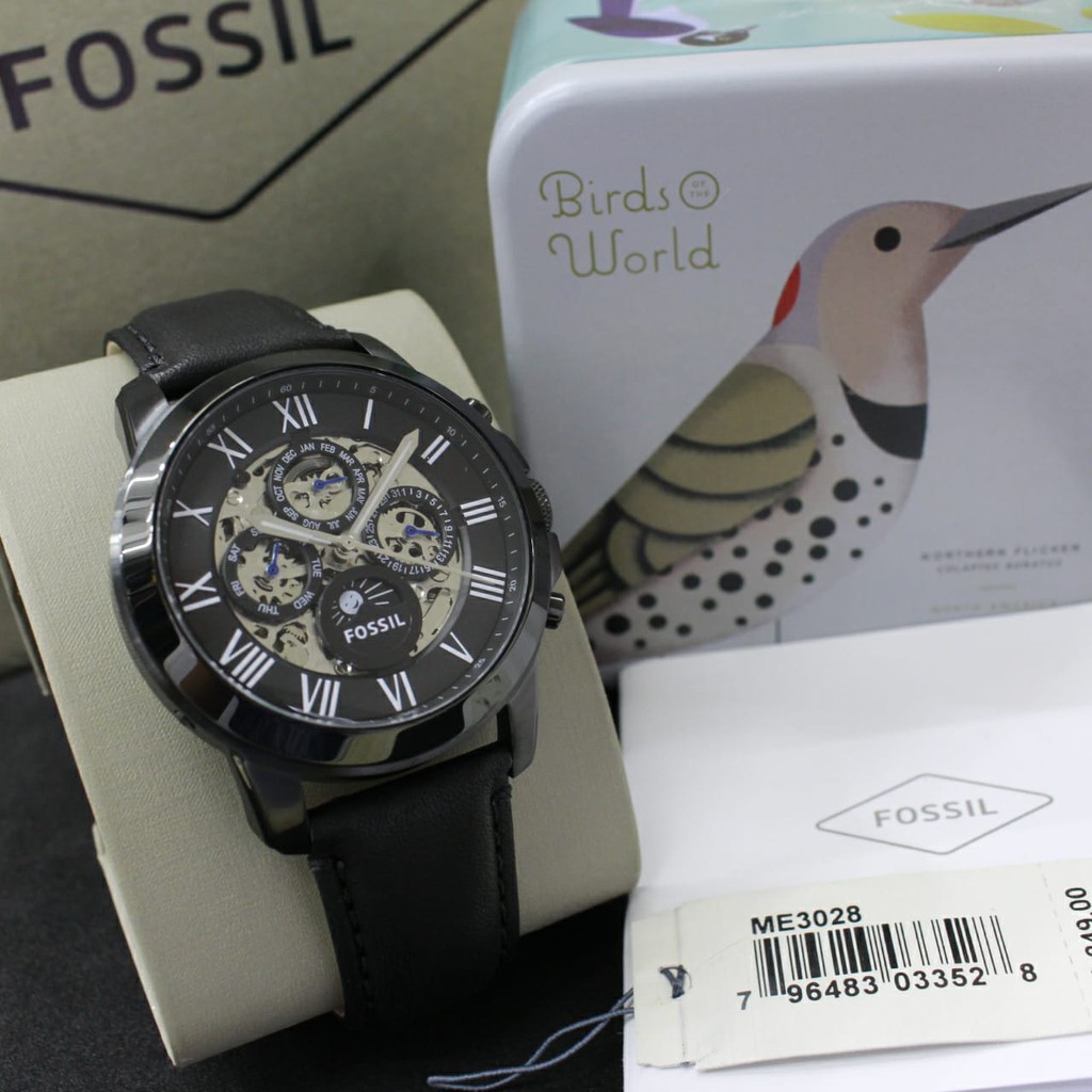 Fossil ME 3028 Automatic Grant Black Skeletal Dial Black Leather Strap Watch