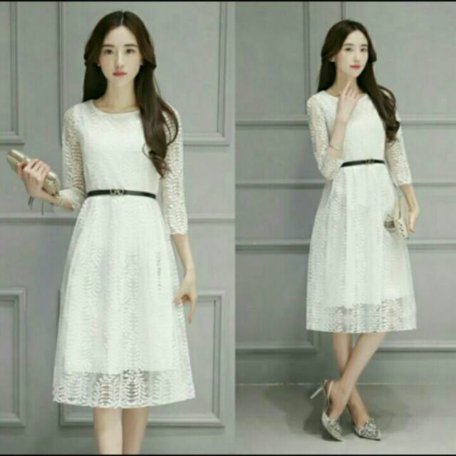 Dress Midi Semi Longdress Brukat Full Brokat Lace Putih Panjang Bagus Cantik Simple Anggun Party