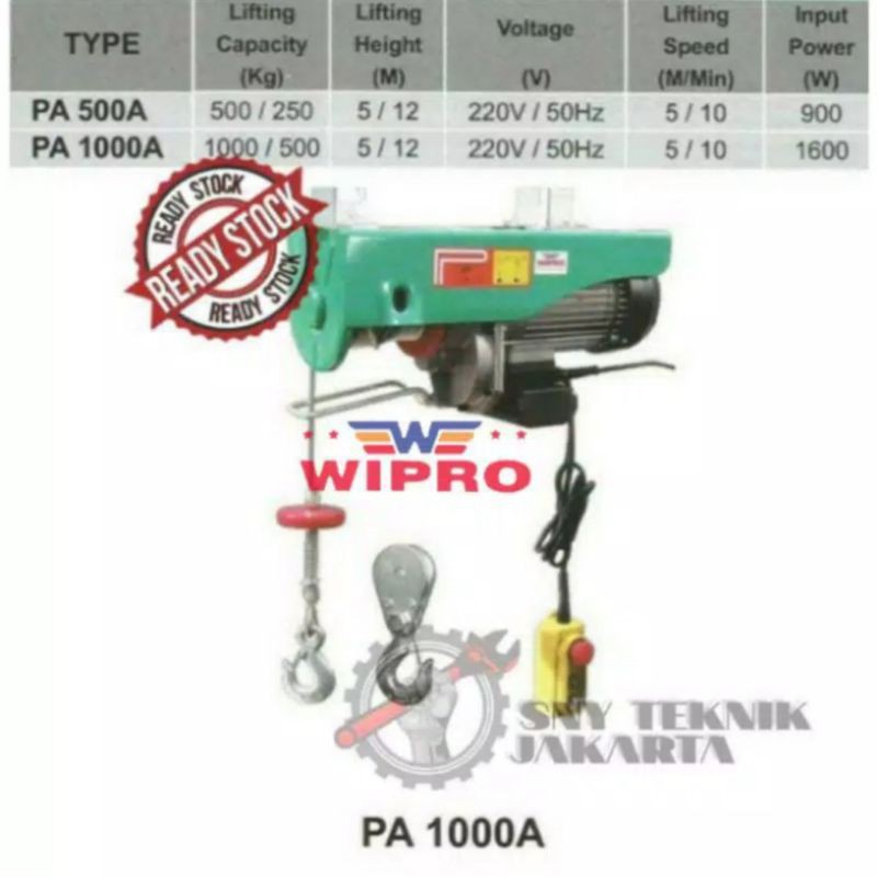 Jual Original Electric Hoist Pa 1000a Wipro Katrol Elektrik 500kg X