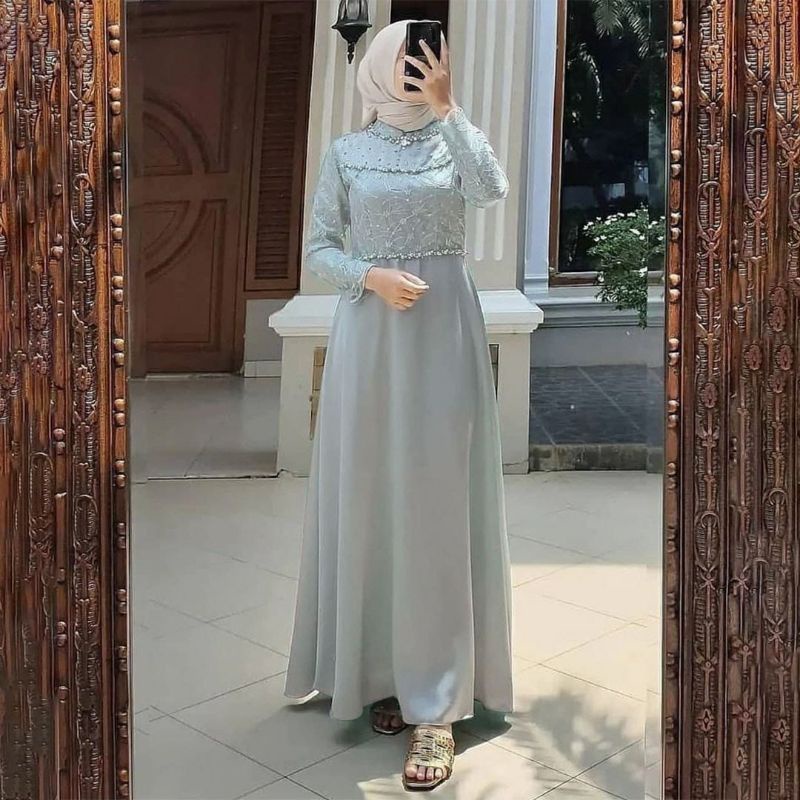 TERMURAH Gamis Kebaya Brokat Tille Mutiara Mix Satin Dress Clara Dress  Kebaya Kondangan Modern Terbaru Tulle Mutiara Kombinasi Tutu Jaring Baju 