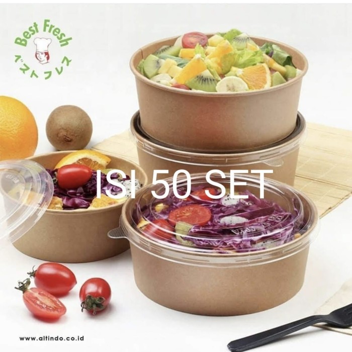 Jual BROWN PAPER SALAD BOWL 750ML 25 OZ + LID TUTUP SALAD ISI 50 SET