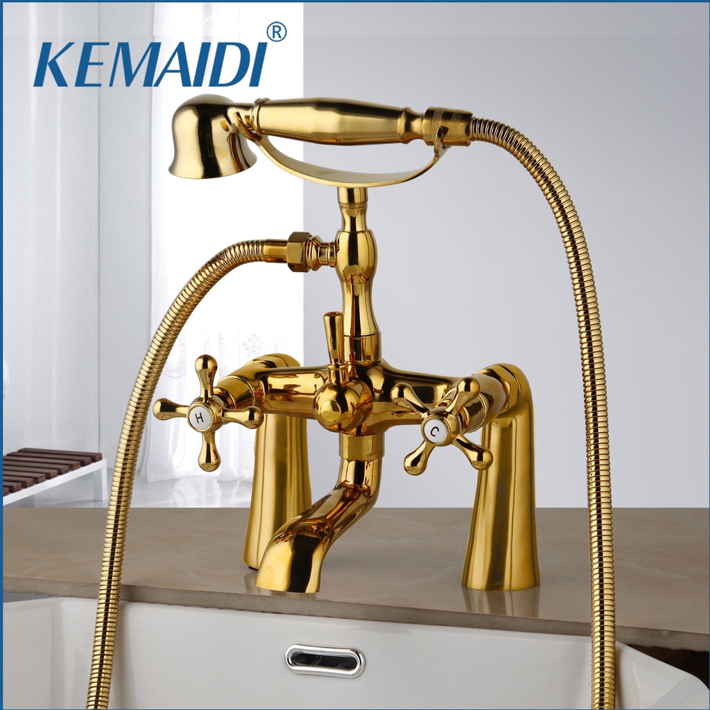 Jual Kemaidi Antique Brass Golden Bathtub Shower Faucets Set Dual Knobs Mixer Tap Deck Mounted