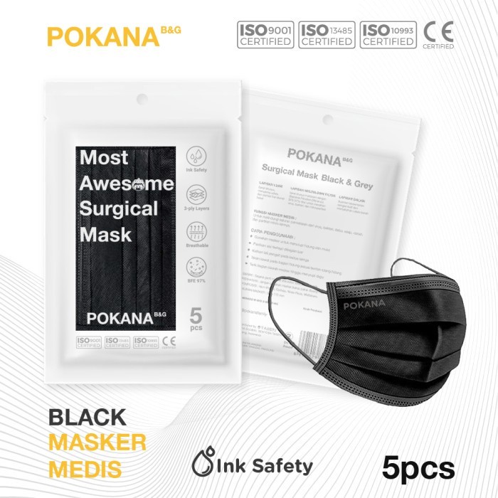 Jual Pokana B&G 4-ply Earloop Isi 5 - Surgical Mask (Black/Hitam ...