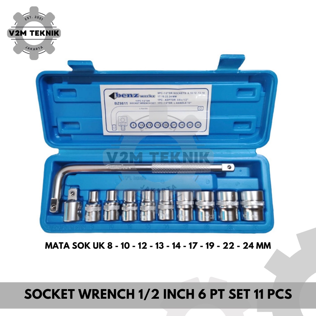 Jual BENZ Socket Wrench Set 11 Pcs / Mata Sok 1/2 Inch 6 PT / Kunci ...