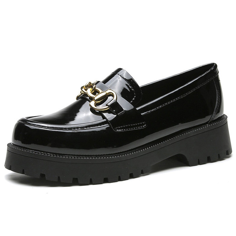 2022 Genuine Leather Platform Loafers Women Casual Shoes Slip on Metal  Chain Flat Autumn Chunky Woman Flats Thick Sole Black - Main Image