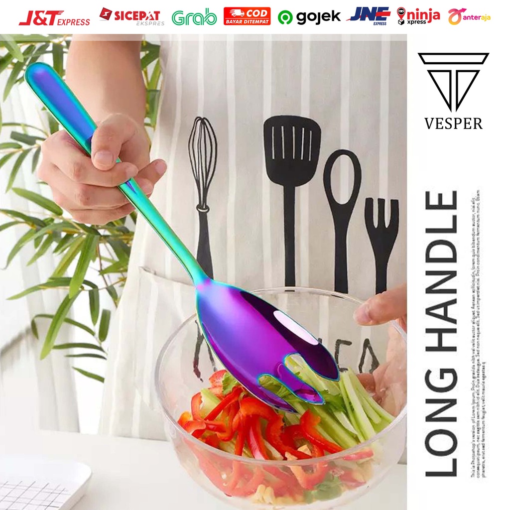 Jual serving spoon fork stainless long handle / sendok garpu besar saji ...