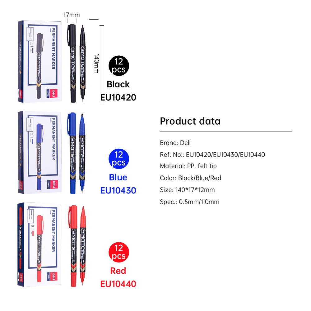 Deli Spidol permanen - 2-tip 0.5mm/1.0mm Cepat kering tidak beracun EU104X0 (7)