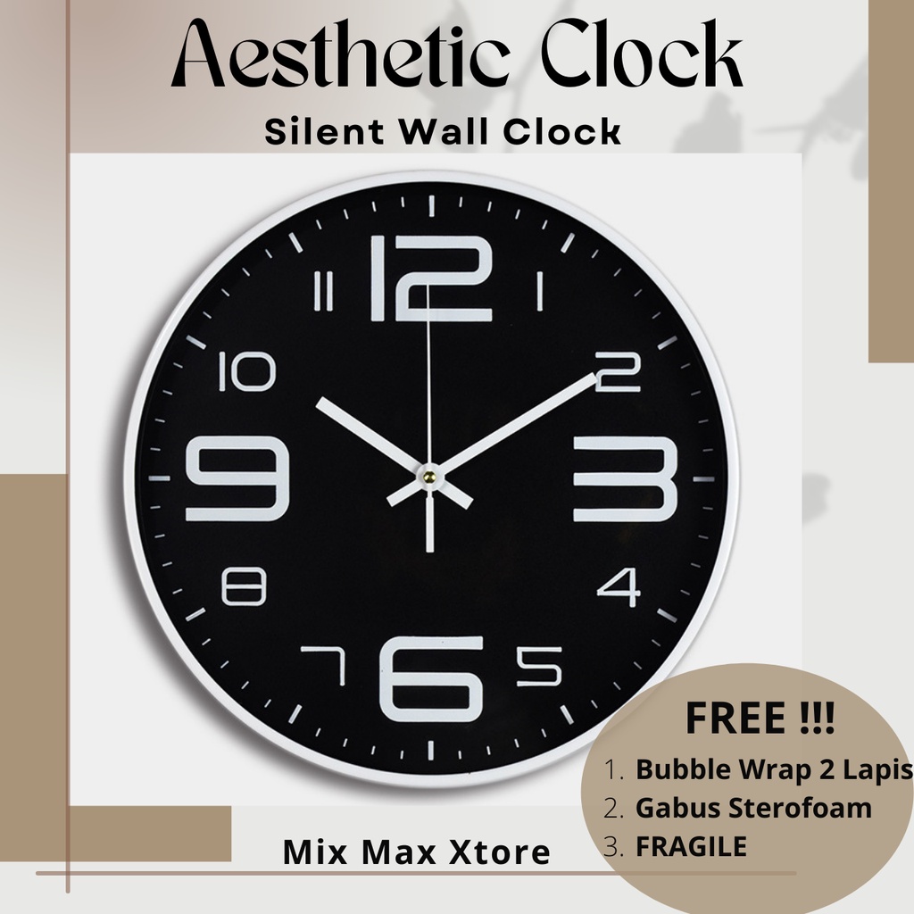 Jual Jam Dinding Bulat Desain Estetik 30cm - Black / Jam Dinding