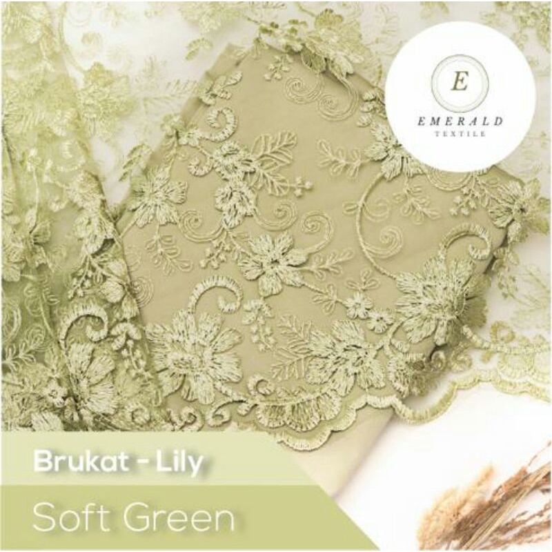 Jual Setengah Meter Kain Brokat Tile Prancis Bahan Kebaya Motif Lily Soft Green Avocado