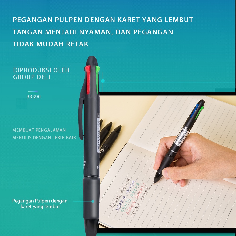 Deli pulpen cetek warna-warni 4 warna 0.7mm pulpen pelajar multifungsi 33390 (7)