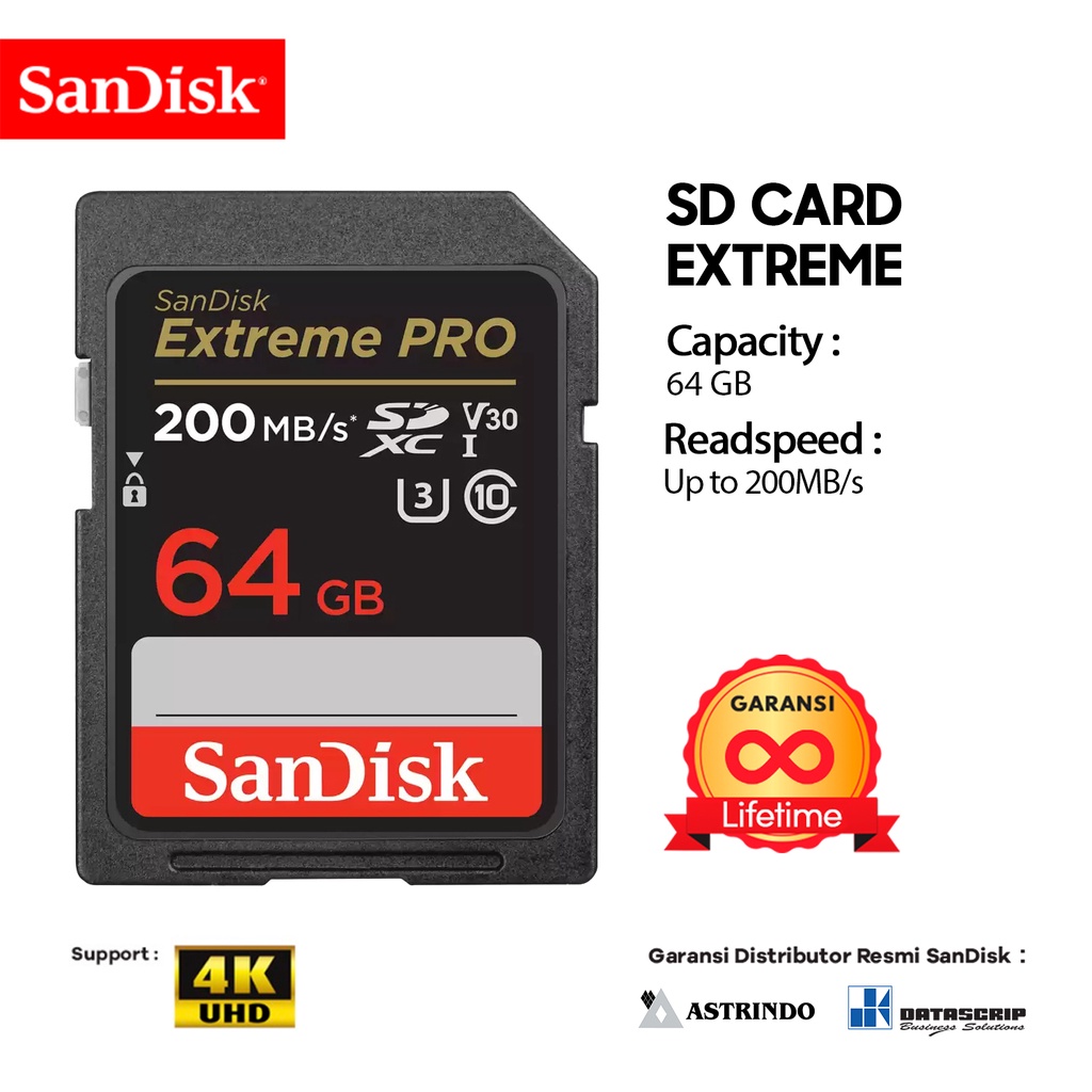 Jual Sd Card 64gb Sandisk Extreme Pro Uhs I 4k U3 Up To 200mbps Garansi Resmi Lifetime 2962