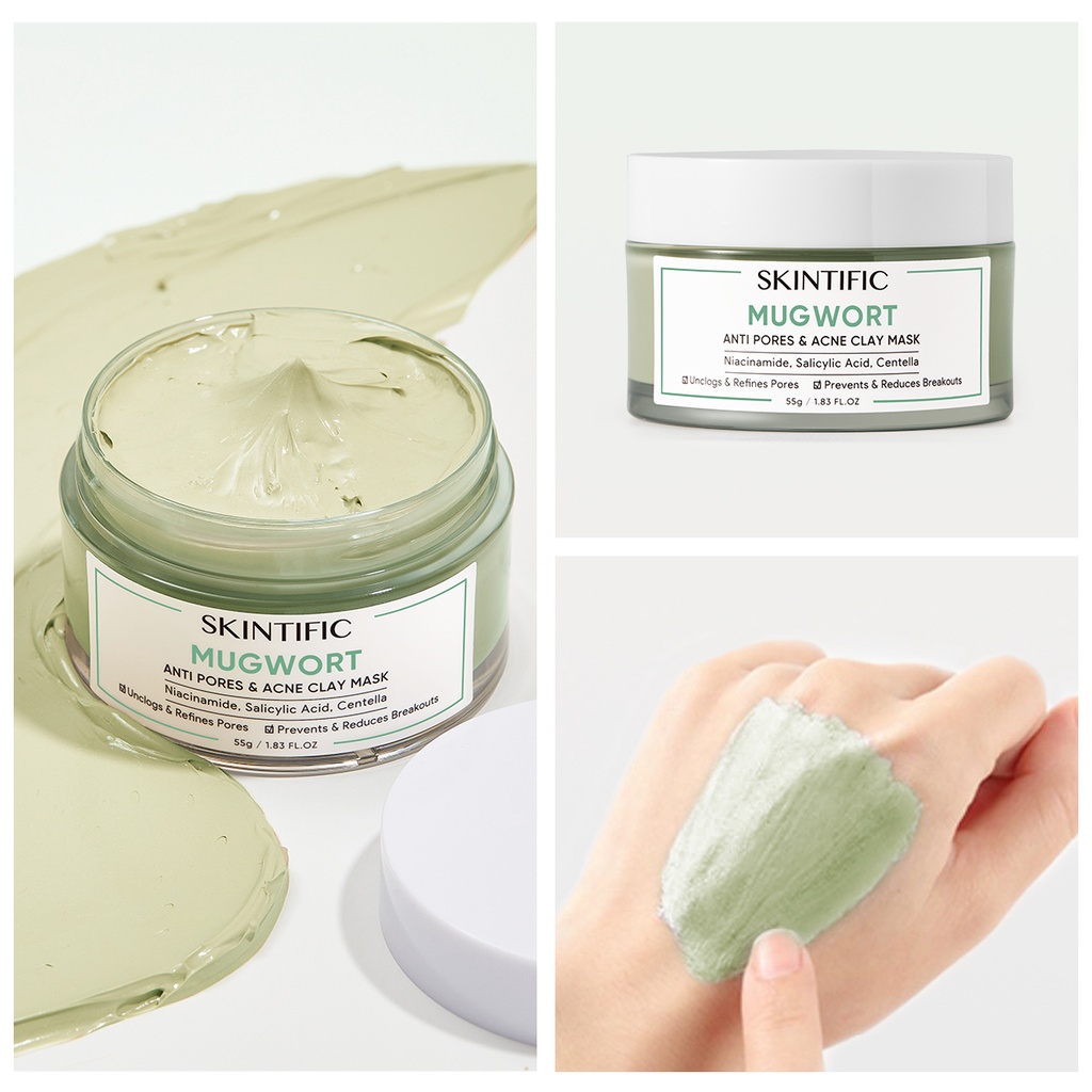 2PCS SKINTIFIC Mugwort Anti Pores Acne Clay Mask 55g Deep Cleansing Facial Mask Salicylic Acid Mask Green Mask Pore Clarifying Mud Mask Facial Mask Masker Wajah Komedo Jerawat Acne Masker