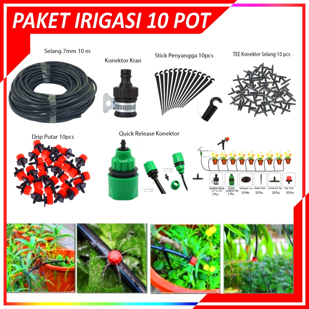 Paket Peralatan Set Irigasi Otomatis Hidroponik Paket Irigasi Tetes - Paket Irigasi Penyiram Tanaman 10 Pot