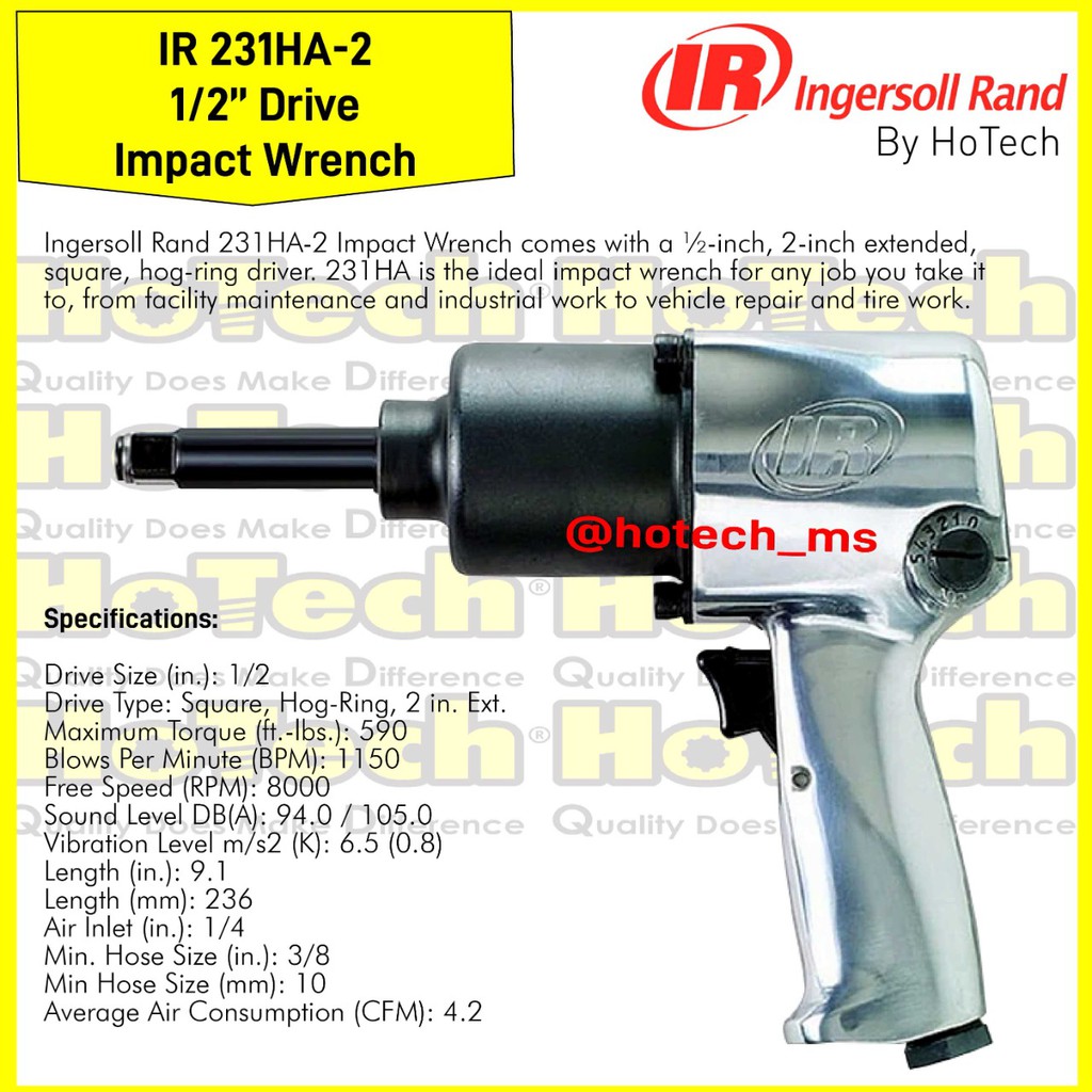 Ingersoll Rand IR 231HA 2 1 2 Inch Sq Pneumatic Impact Wrench Long Anvil 50 mm